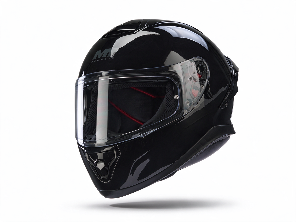 Gloss black motorcycle riding helmet with clear full-face visor