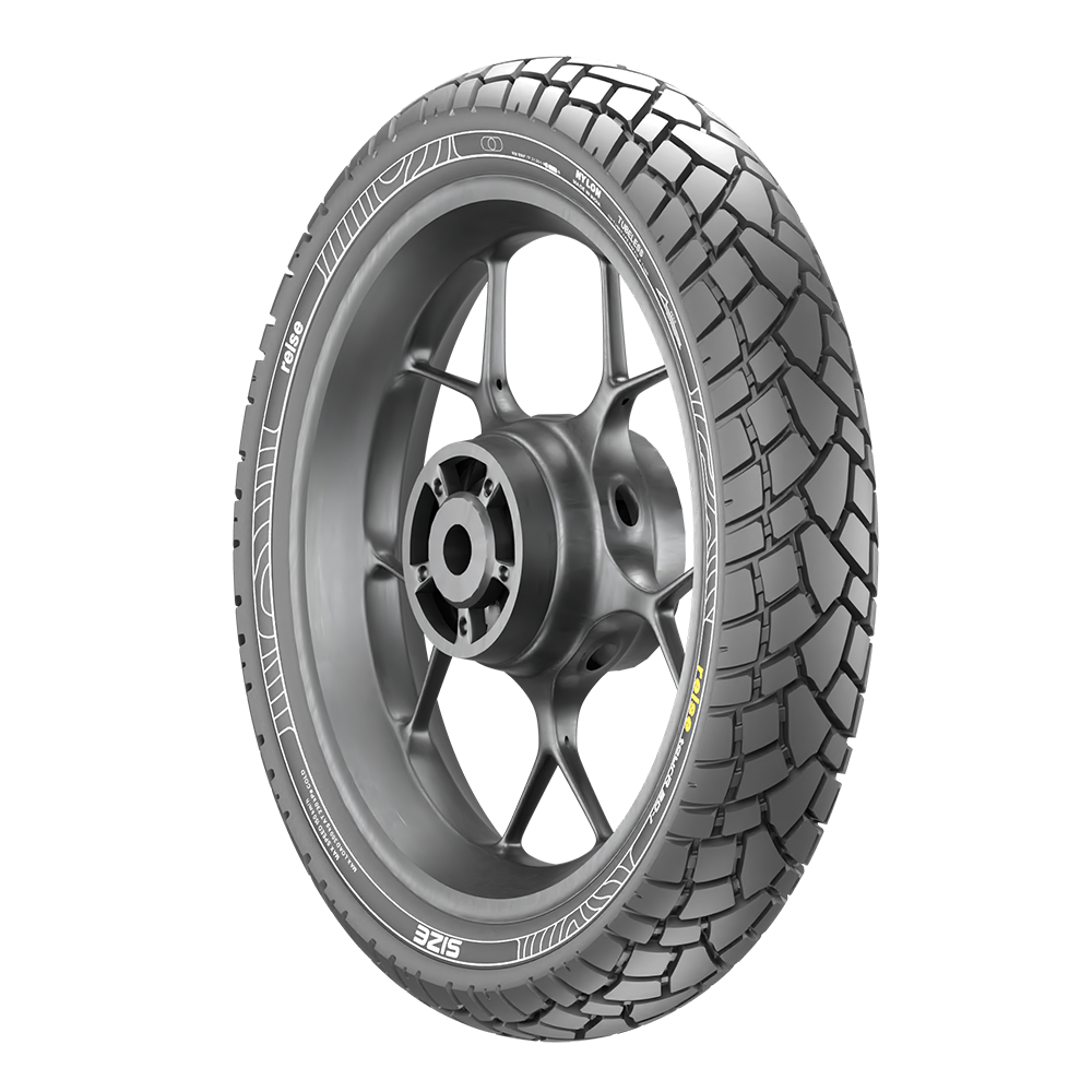 Tube-type rear tyre side view with rugged block tread on dark silver alloy wheel