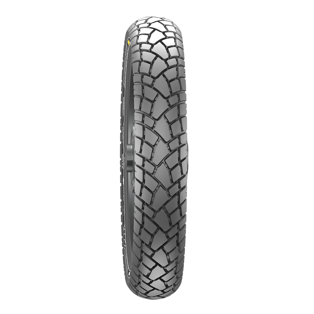 Tube-type rear tyre in profile, showing deep block tread and ribbed sidewall