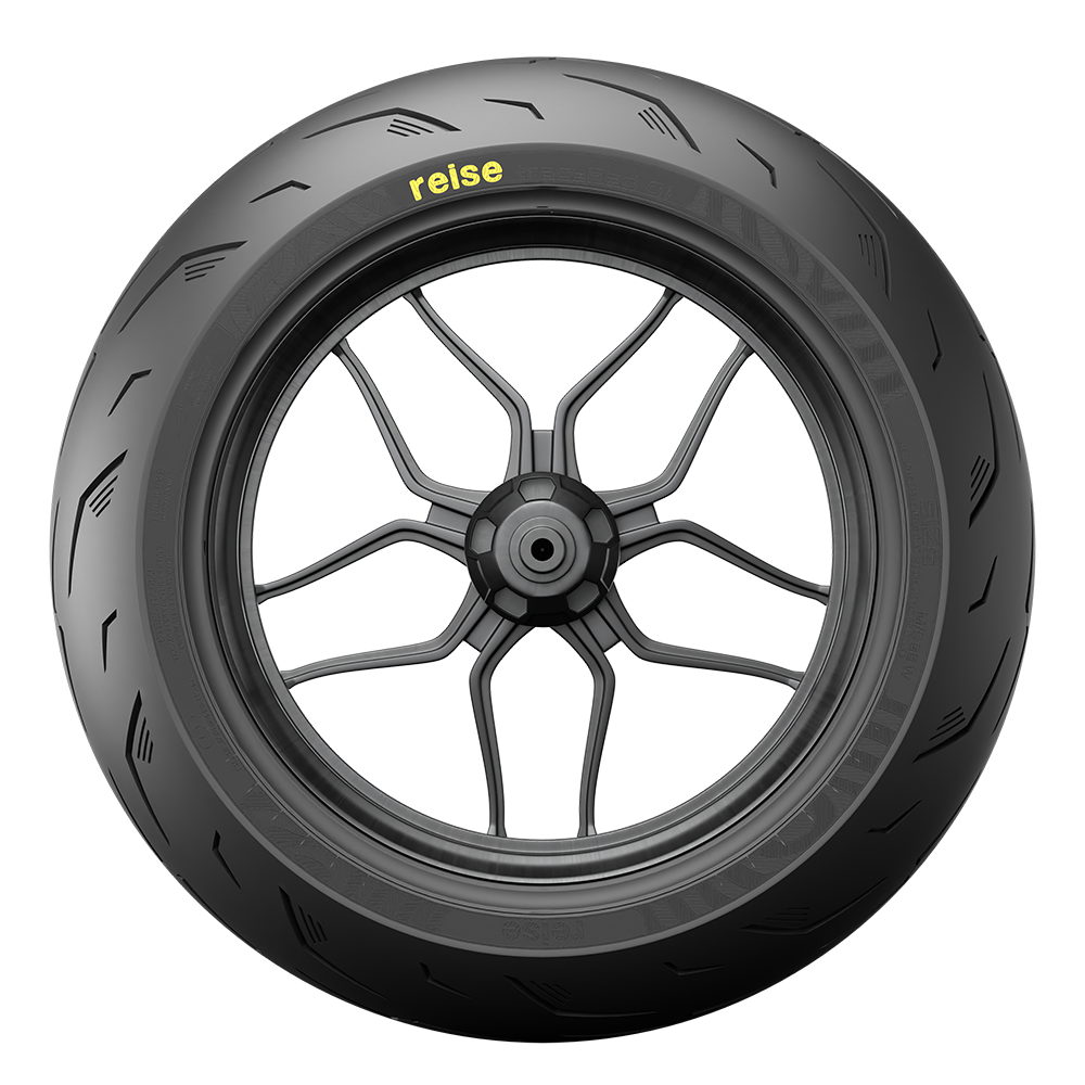 Front tubeless motorcycle tyre with black rim spokes, front view
