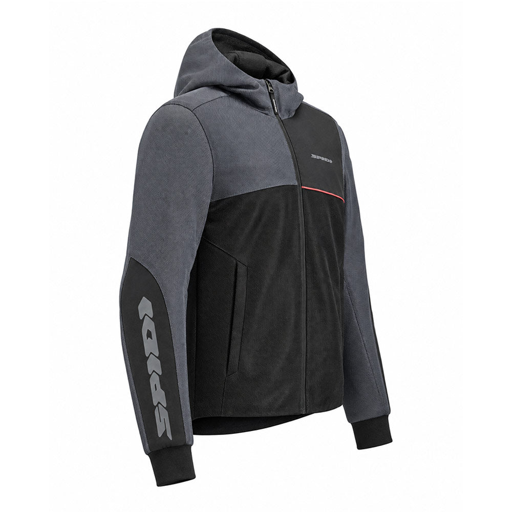 Grey and black riding hoodie jacket, side view, full-zip with logo patch and stripe