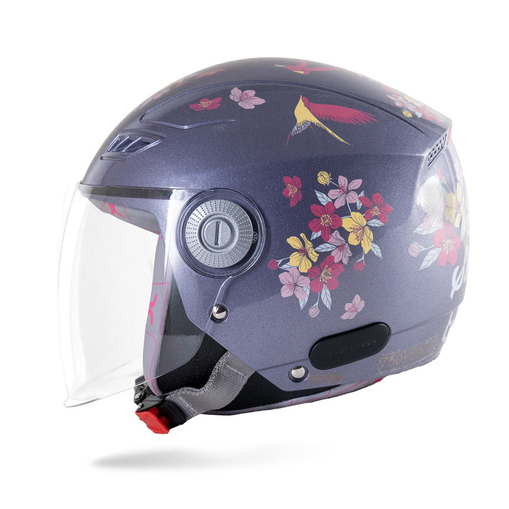 Motorcycle riding helmet side view in dark lilac with floral print and clear visor