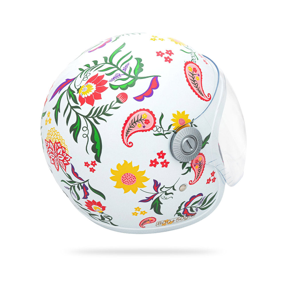 Women’s motorcycle riding helmet in pearl white with colorful floral print and clear face shield