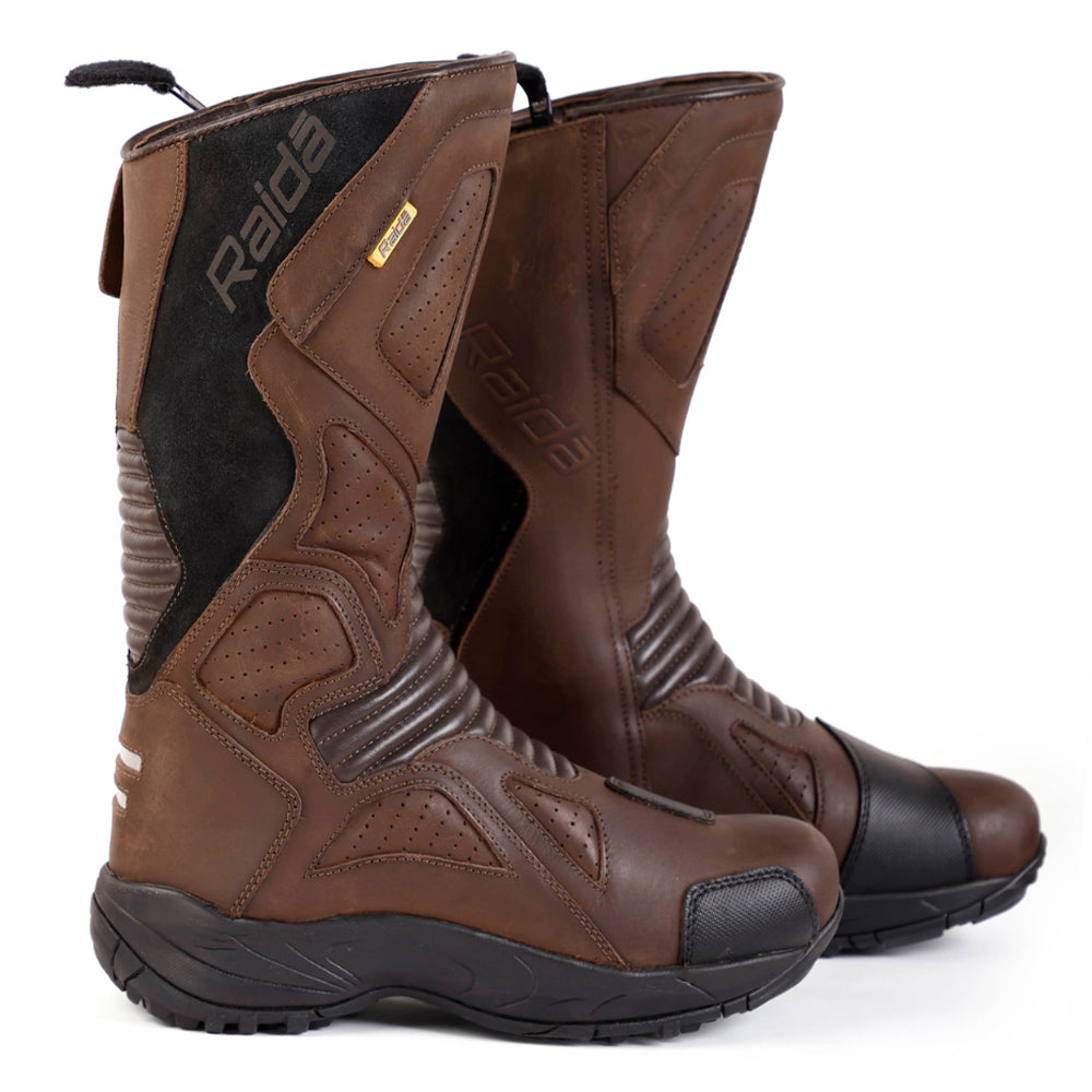 Brown motorcycle touring boots with black accents, ankle-height lace-up, rugged tread sole