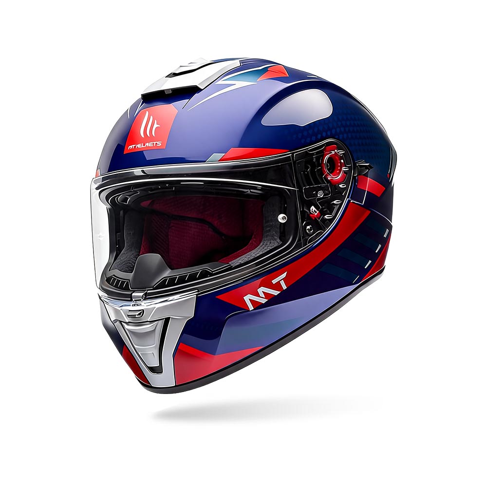 Glossy blue motorcycle helmet with clear visor, red/white accents, and chin spoiler