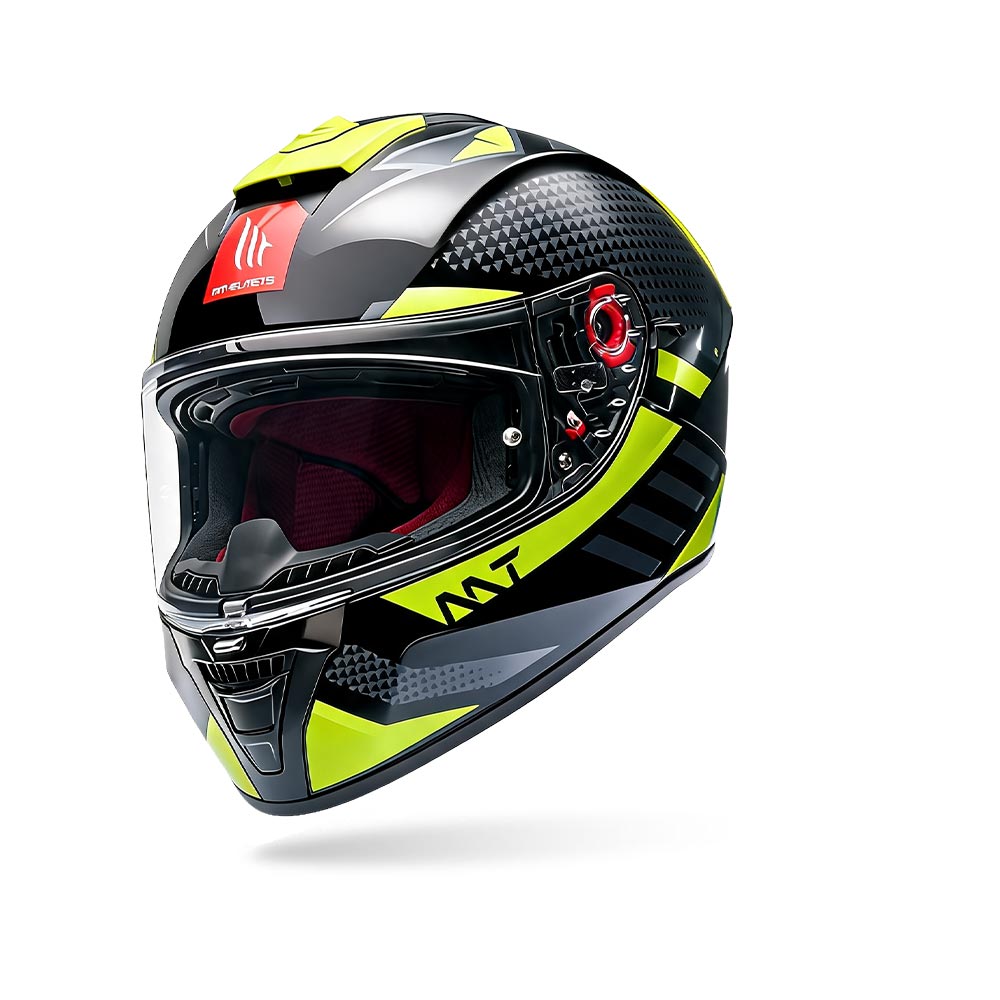 Motorcycle full-face helmet with clear visor, neon yellow/black side graphics