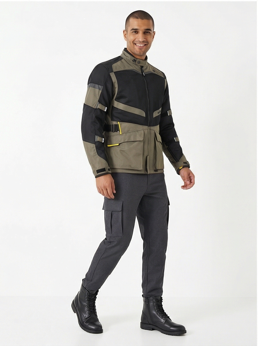 Men's touring jacket in olive and black with zip front, cargo pockets, and yellow trim