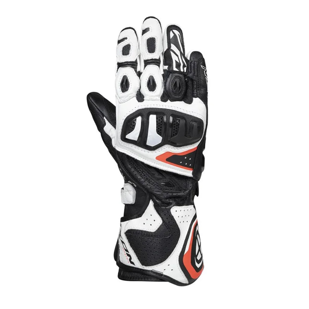 Vortex glove in black and white leather with orange accents and padded knuckle panels