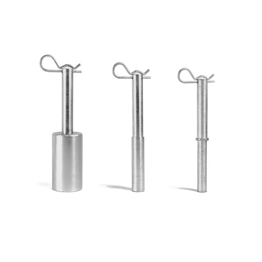 Metal pin for single-sided paddock stand with hooked end, three angles shown