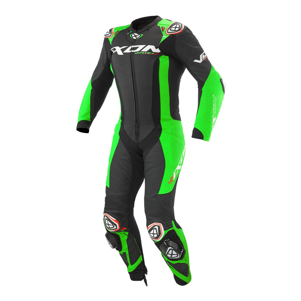Motorcycle racing suit in black with neon green panels and padded protective design