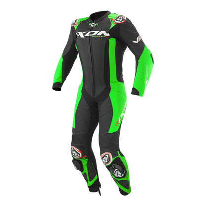 Motorcycle racing suit in black with neon green panels and padded protective design