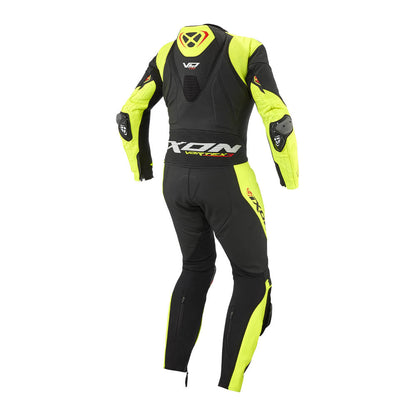 Black and bright yellow motorcycle racing suit with armored chest and knee panels