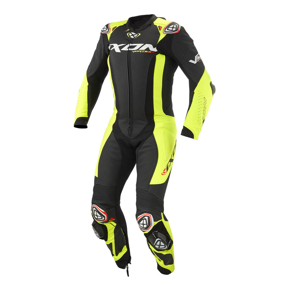 Black and bright yellow motorcycle racing suit with padded armored details and full sleeves