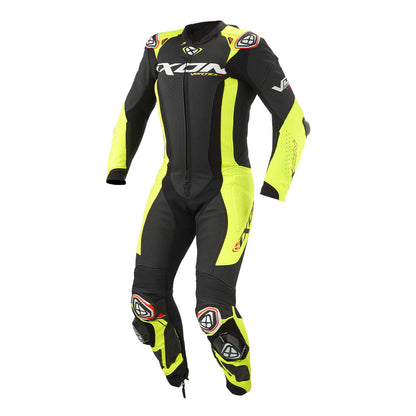 Black and bright yellow motorcycle racing suit with padded armored details and full sleeves