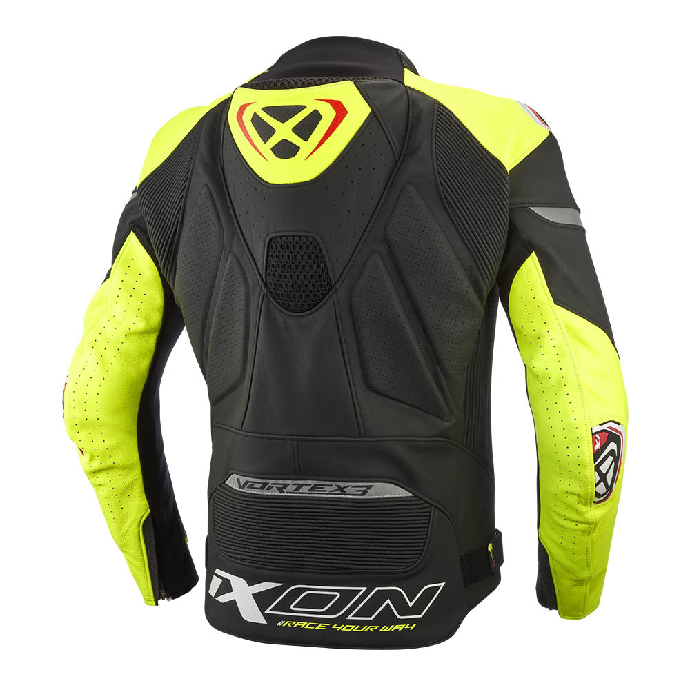 Black leather racing jacket with bright yellow sleeves, perforations, and back emblem