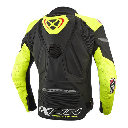 Black leather racing jacket with bright yellow sleeves, perforations, and back emblem