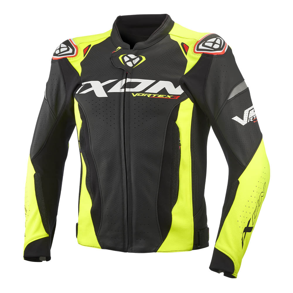 Black leather racing jacket with bright yellow side panels, full zip, and chest logo