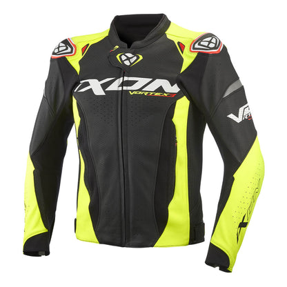 Black leather racing jacket with bright yellow side panels, full zip, and chest logo