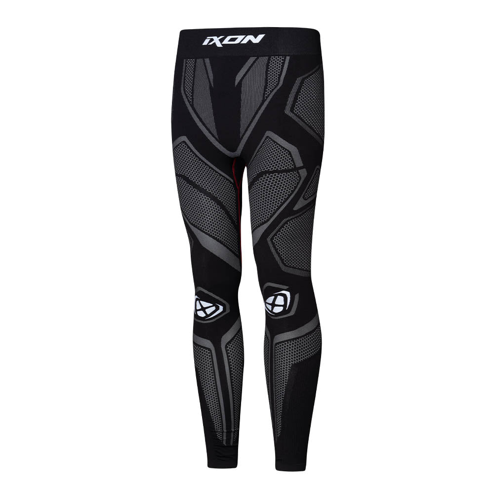 Black compression pants with armored knee and shin graphic panels, long leg fit