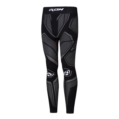 Black compression pants with armored knee and shin graphic panels, long leg fit