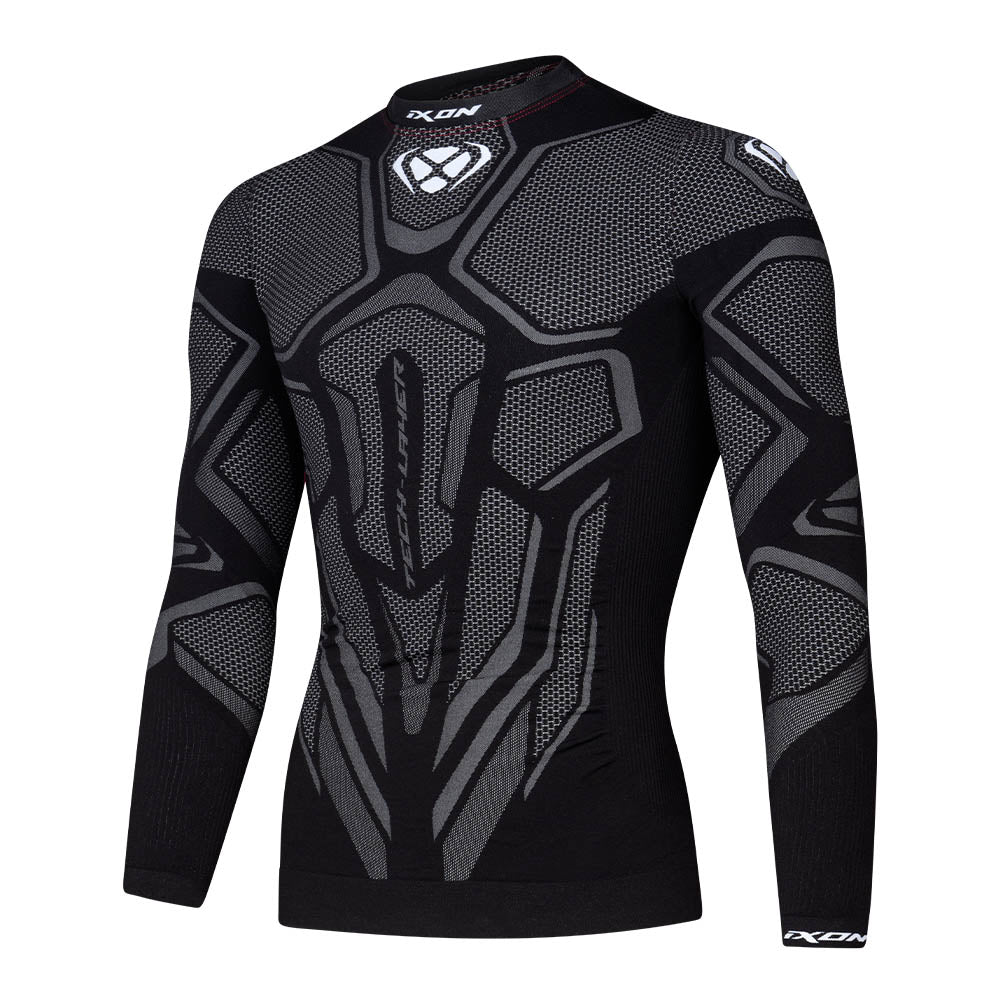 Black long-sleeve compression top with mesh texture and armored back graphic print
