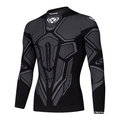 Black long-sleeve compression top with mesh texture and armored back graphic print