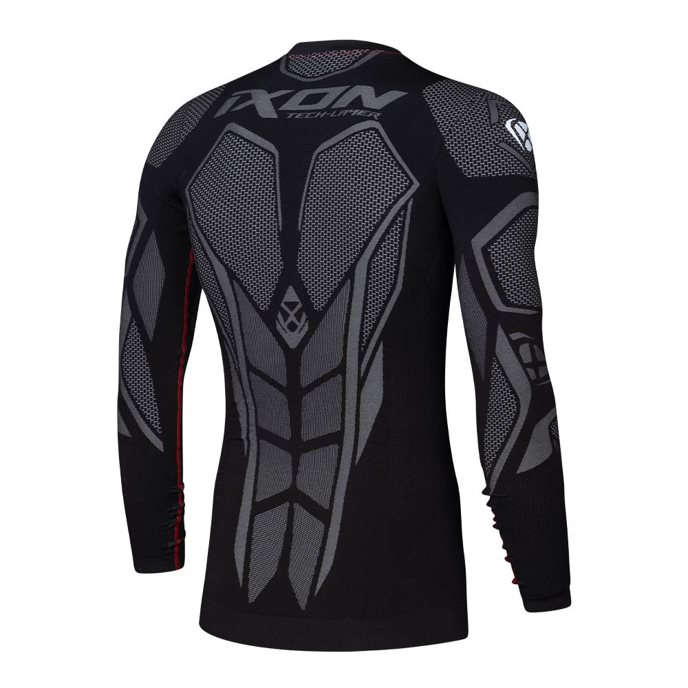Black long-sleeve compression top with armored graphic panels and red accent lines