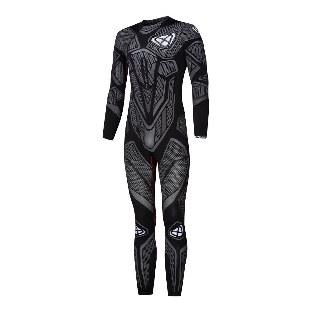 Black and gray full-body motocross suit with geometric armor print and long sleeves