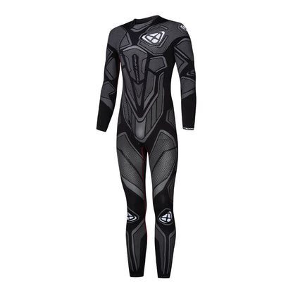 Black and gray full-body motocross suit with geometric armor print and long sleeves