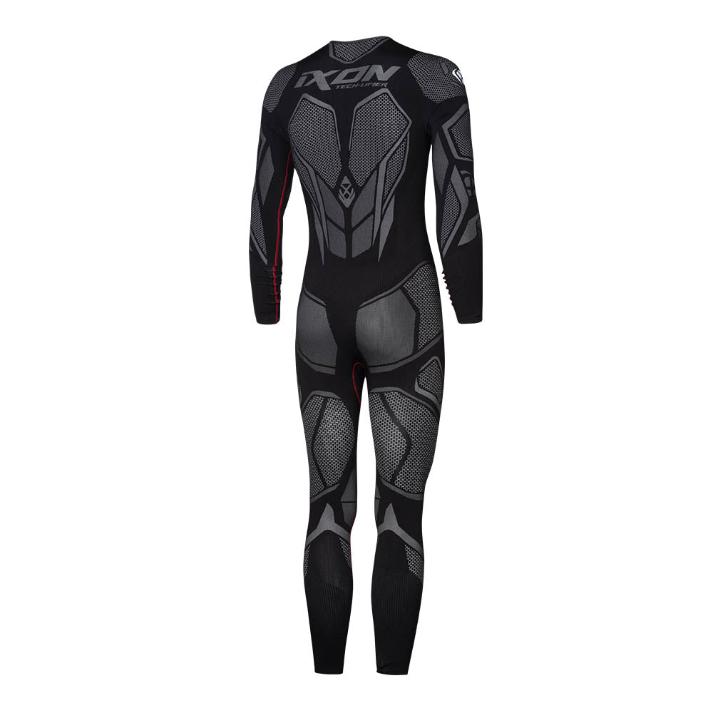 Black and gray full-body compression suit with armored back and leg panel graphics
