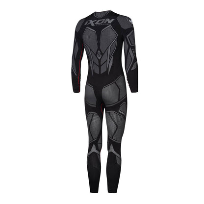 Black and gray full-body compression suit with armored back and leg panel graphics