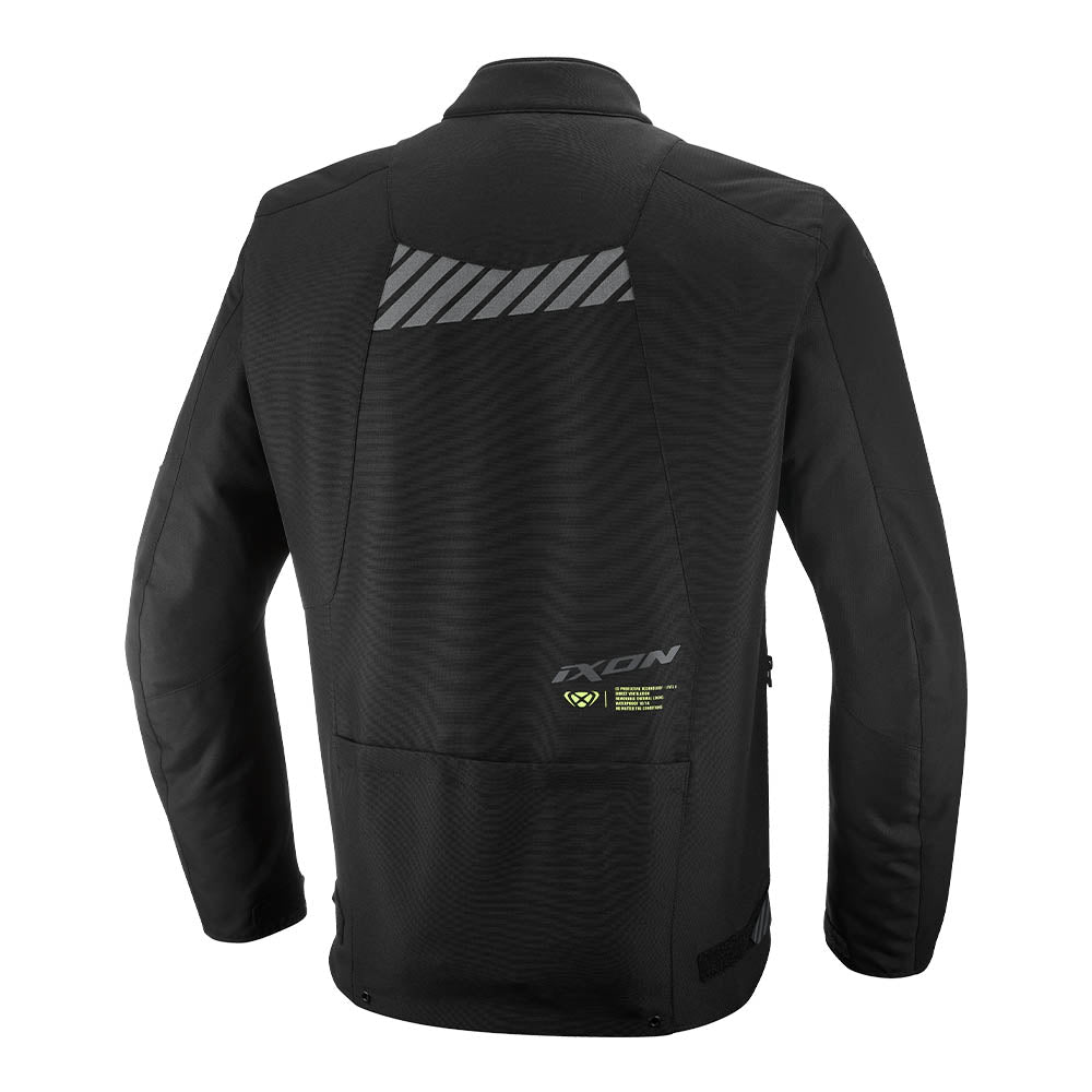 TYR men's swim jacket back view in black with striped shoulder panel and logos