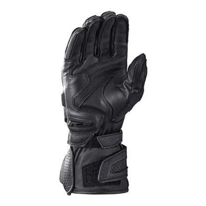Black leather motorcycle gloves with knuckle padding and adjustable wrist strap