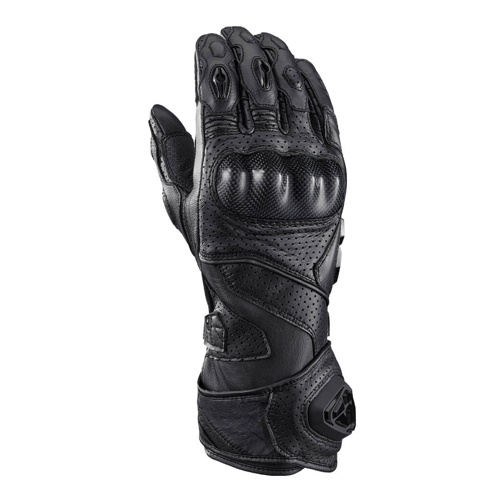Black leather motorcycle gloves with textured knuckles and palm grip pattern