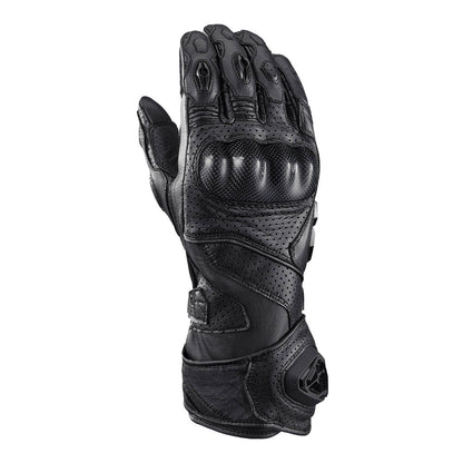 Black leather motorcycle gloves with textured knuckles and palm grip pattern
