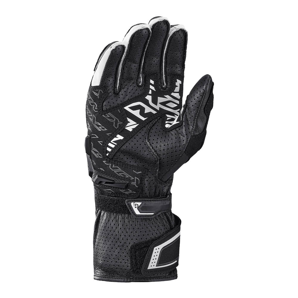 Black and white perforated motorcycle gloves with padded knuckles and logo accents