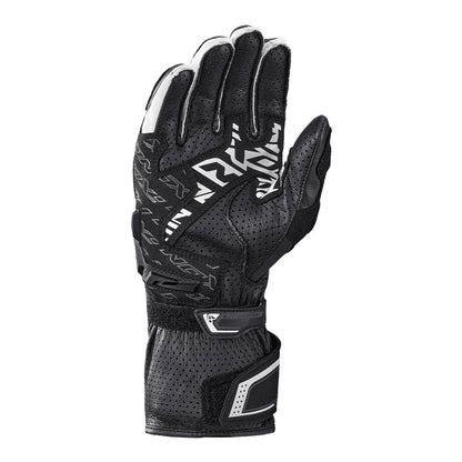 Black and white perforated motorcycle gloves with padded knuckles and logo accents