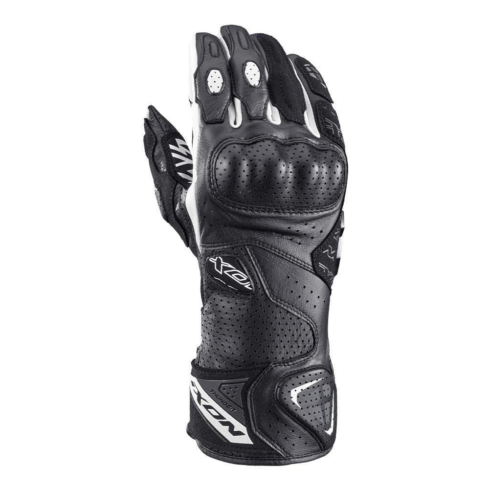 Black and white motorcycle gloves with padded knuckle protectors and white logo panels
