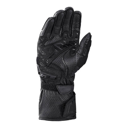Black leather motorcycle gloves with reinforced back and vented finger panels