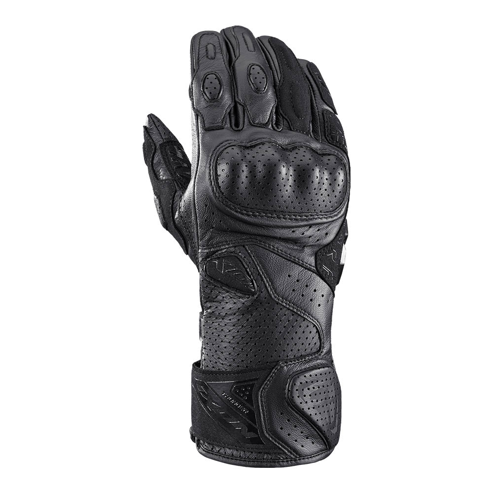Black leather motorcycle gloves with perforated palm and padded knuckles