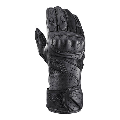 Black leather motorcycle gloves with perforated palm and padded knuckles