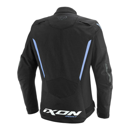 Women’s motorcycle jacket back, black with blue panels and large hem logo
