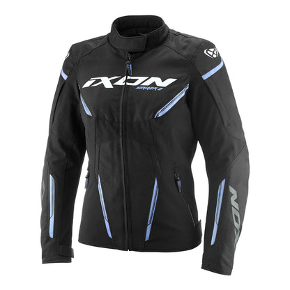 Women’s motorcycle jacket, black with blue/lavender accents and front zip