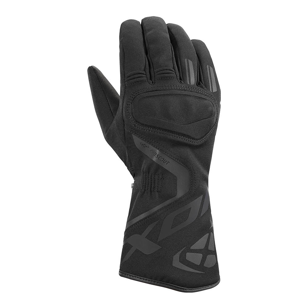 Black fingered gloves with textured palm and cuff logo patch