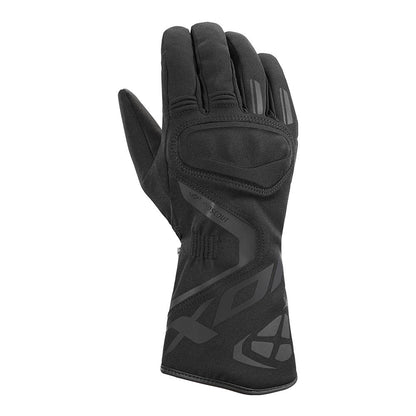 Black fingered gloves with textured palm and cuff logo patch