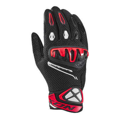 Black gloves with bright red and white ventilation inserts and knuckle protectors