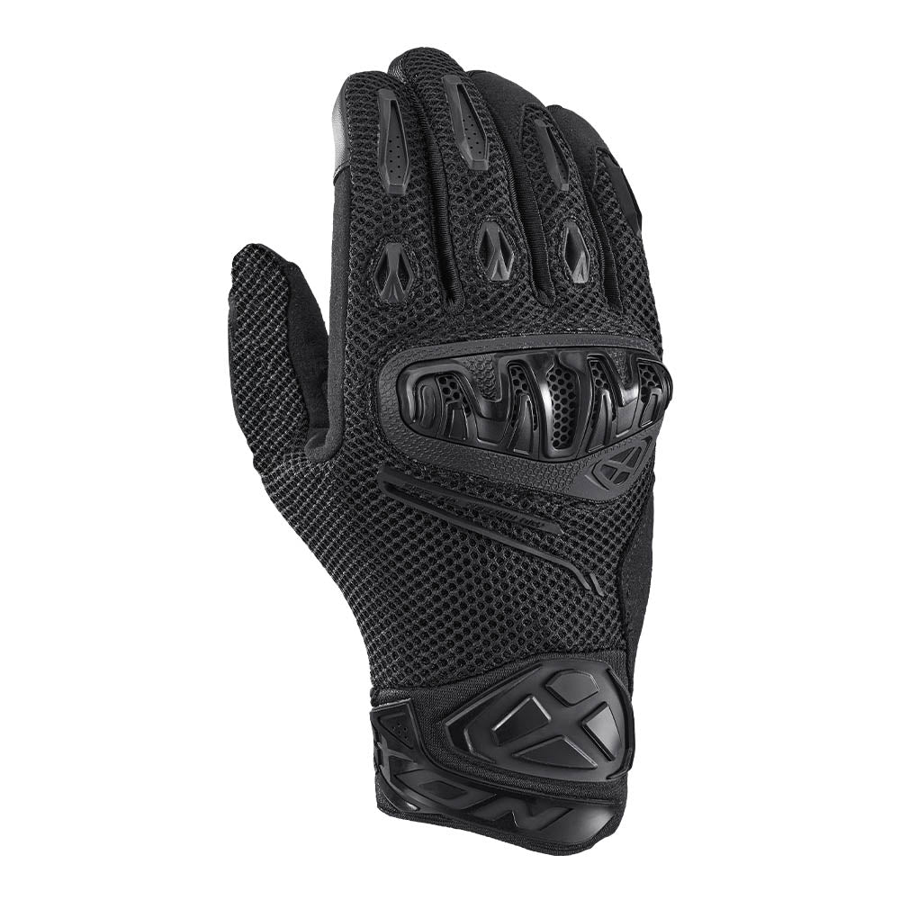 Black gloves with textured back, knuckle guard, and ventilation panel