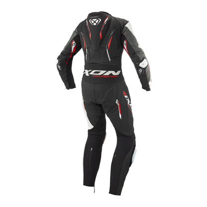 Black motorcycle racing suit with red piping and white side panels, long sleeve legs