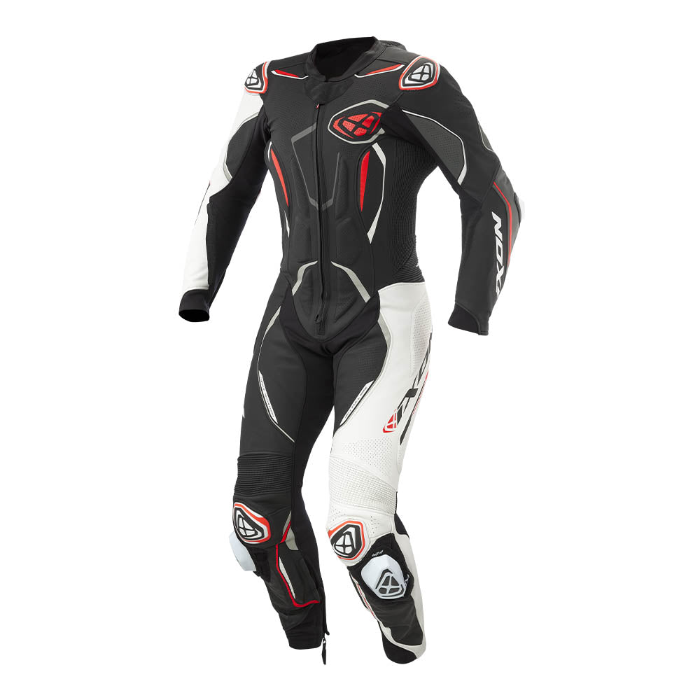Black motorcycle racing suit with red accents and white panels, full-body zip style