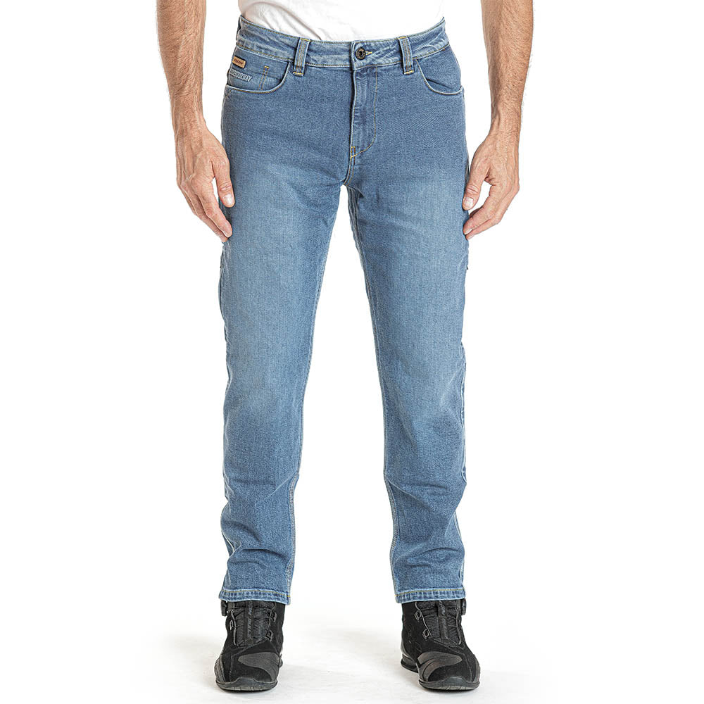 Alex stonewash denim pants, blue front view with belt loops and button fly